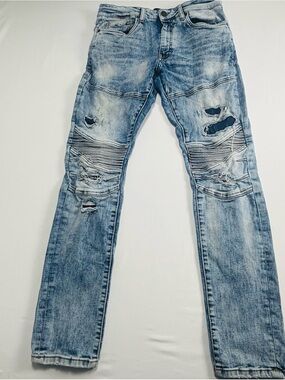 Light Blue Distressed Men's Jeans with Knee Ribbing